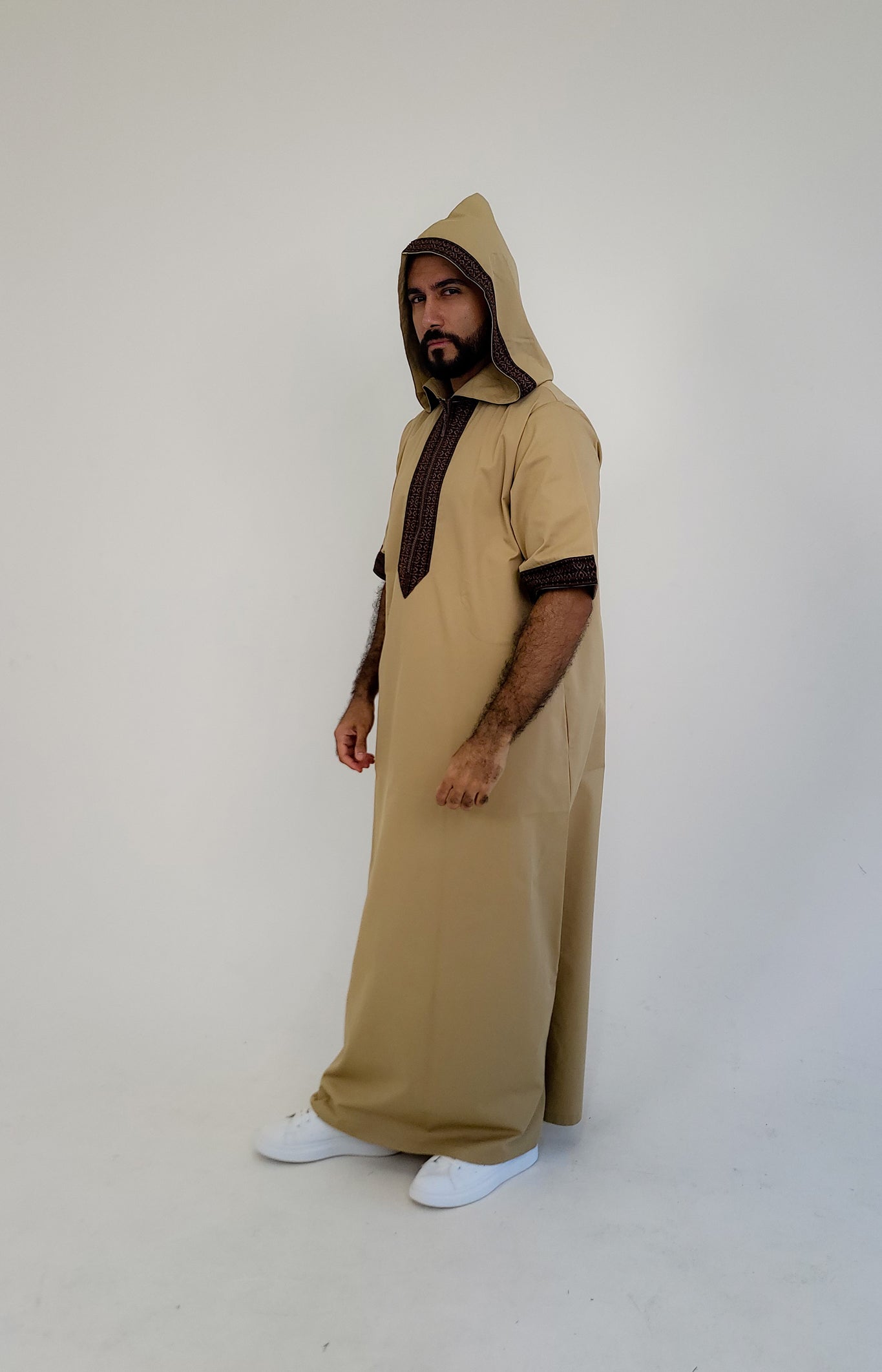 Beige ( Black & Brown Border - Short Sleeve ) Kaftan