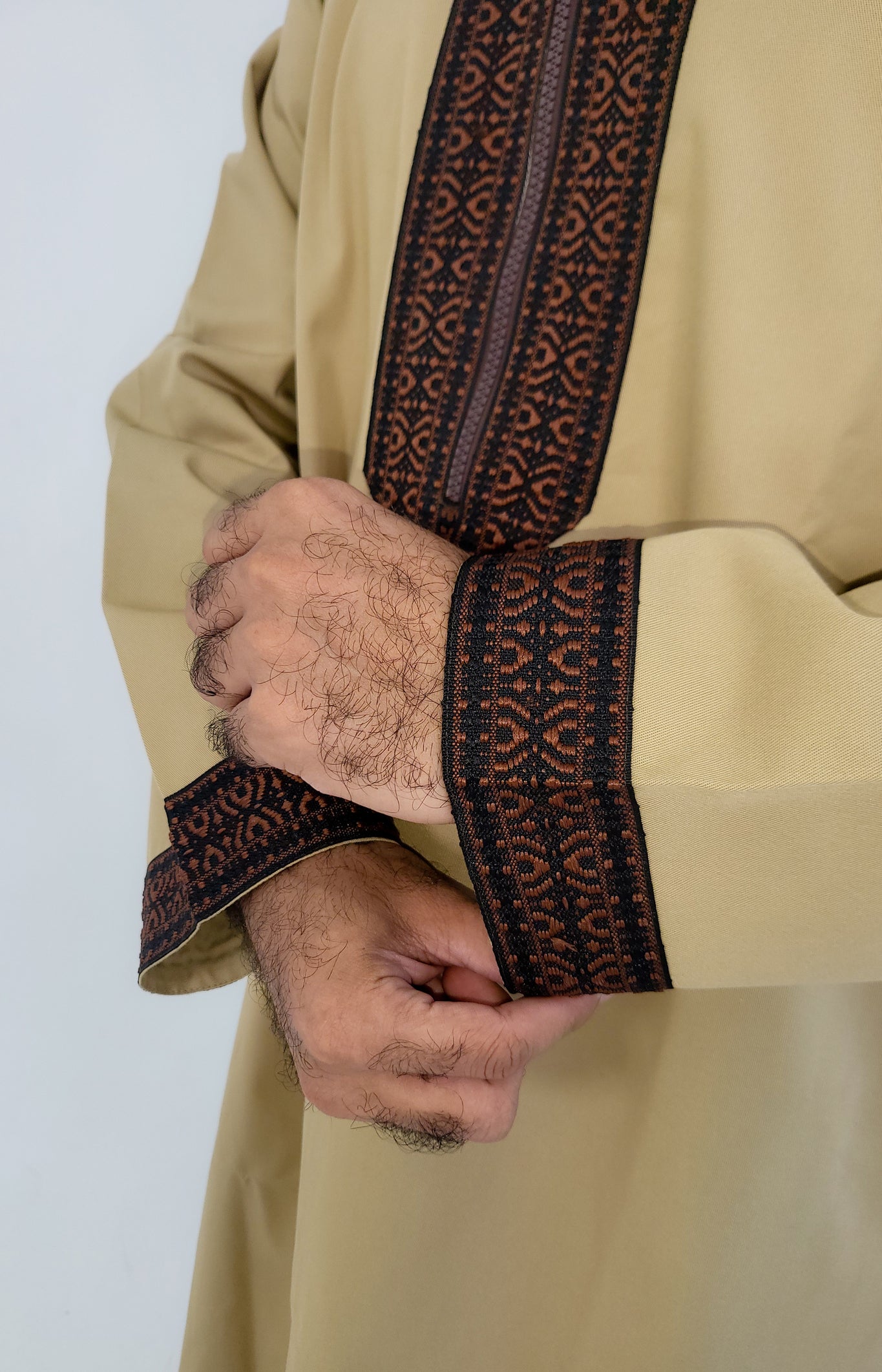 Beige ( Black & Brown Border - Short Sleeve ) Kaftan