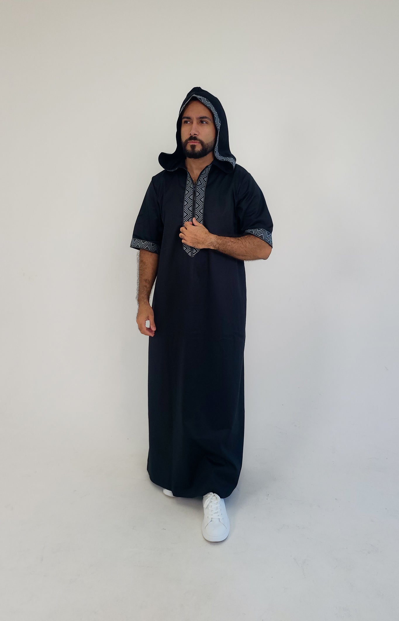Black ( Black & Blue Dots Border - Short Sleeve ) Kaftan