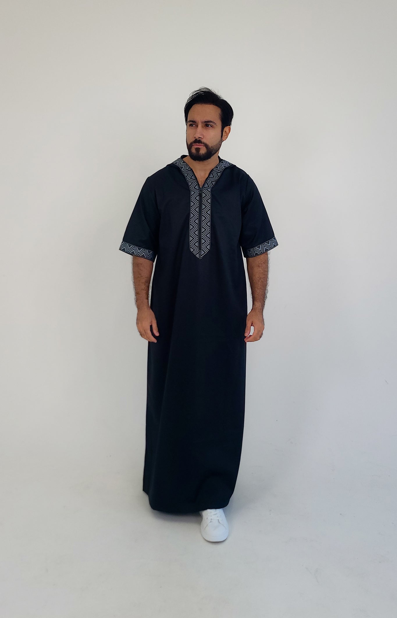 Black ( Black & Blue Dots Border - Short Sleeve ) Kaftan