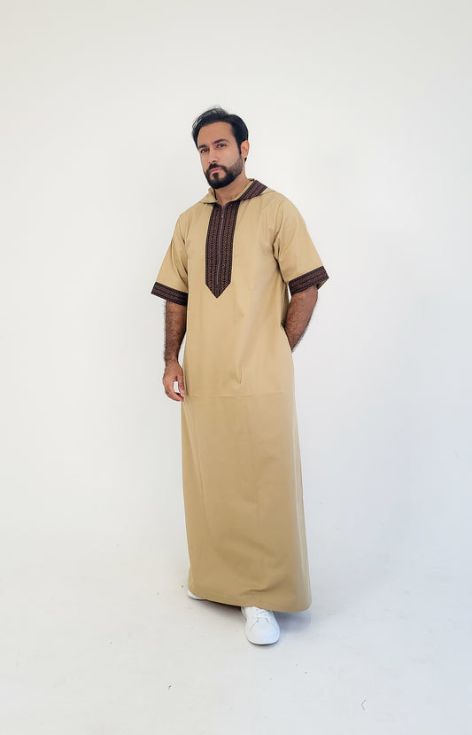 Beige ( Black & Brown Border - Short Sleeve ) Kaftan