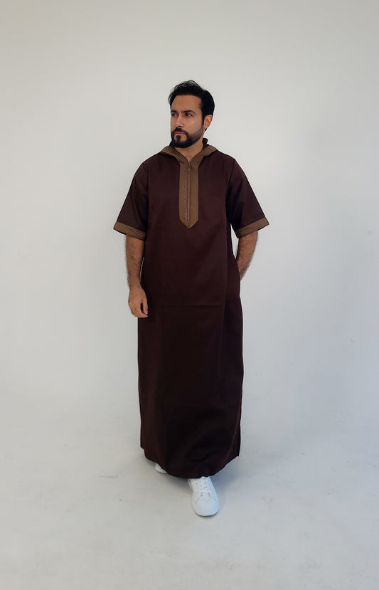 Brown ( Light Brown Zigzag Border - Short Sleeve ) Kaftan