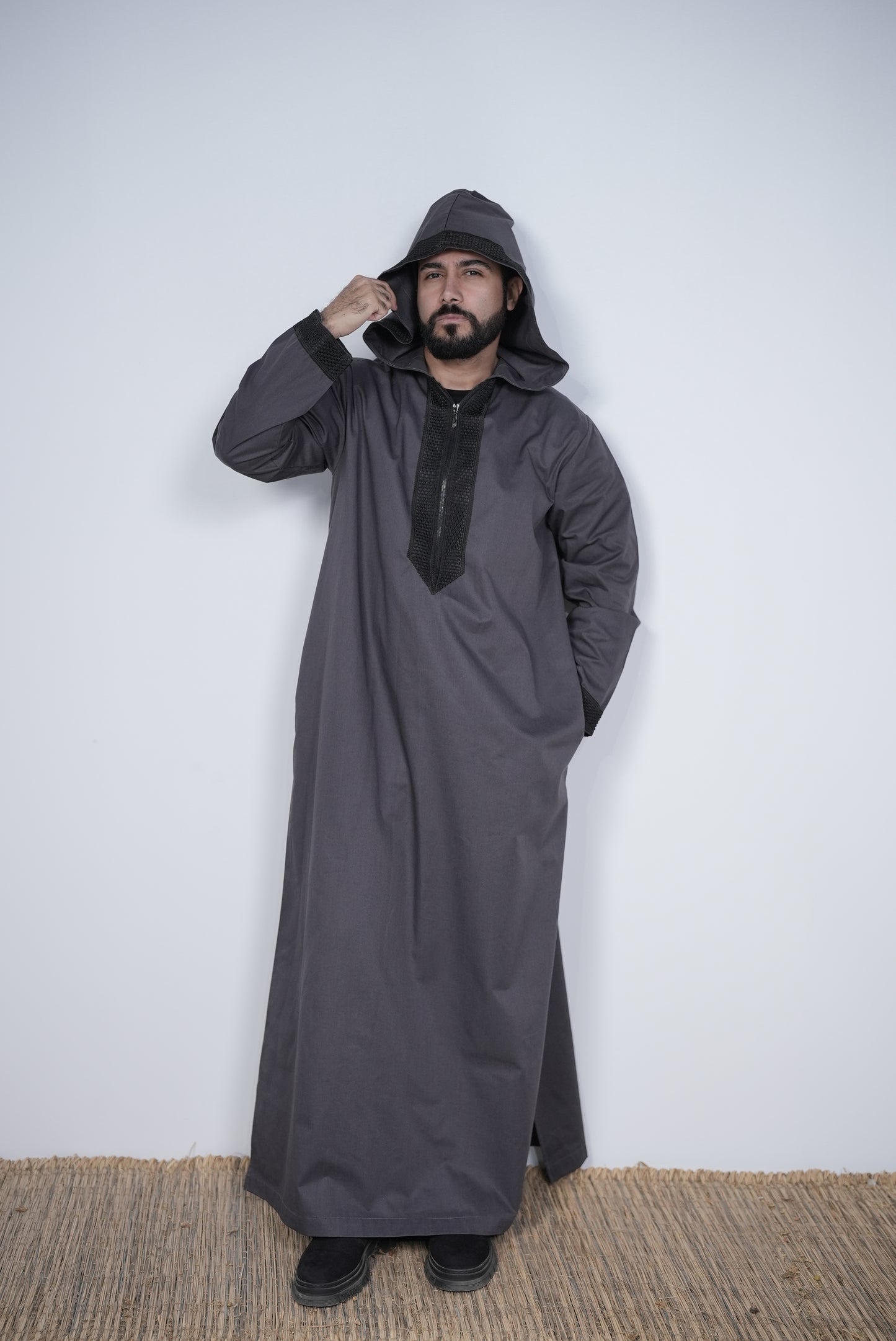 Dark Grey ( Black Honey Border - Long Sleeve ) kaftan