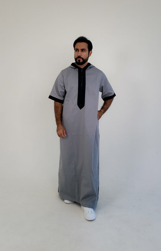 Grey ( Black Zigzag Border - Short Sleeve ) Kaftan